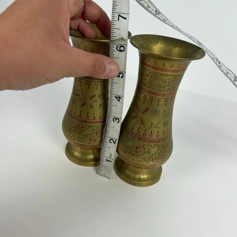 Vintage Brass Hand Carved Etched Brass Vases Set of 2 Made in India Red